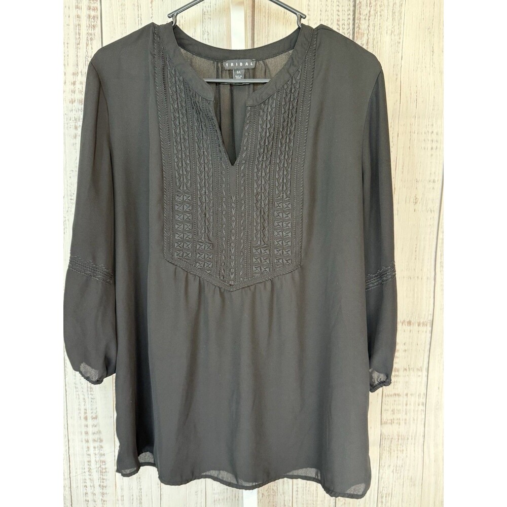 Tribal Women’s Blouse Large Black Embroidered Long Sleeve V Neck